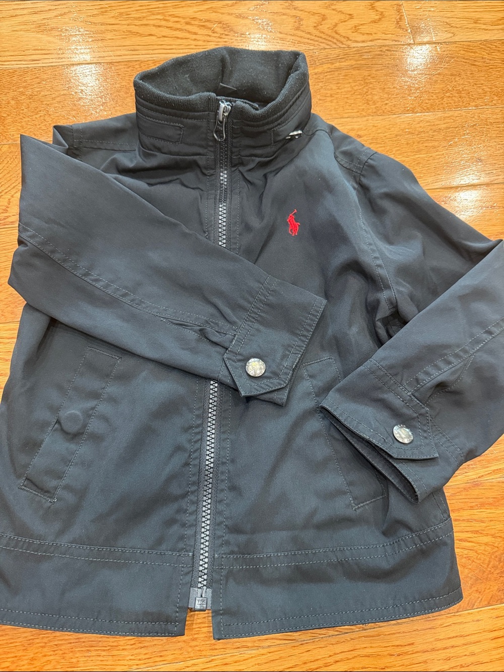 Ralph Lauren Black Jacket with Red Polo Logo, optional hoodie.